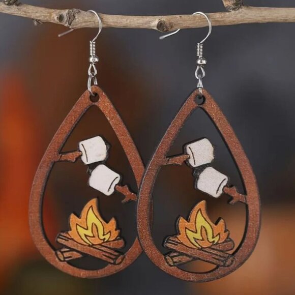 Hand Crafted Jewelry - NEW Handmade Campfire Roasting Marshmallow Wooden Drop Earrings Camping Scouts